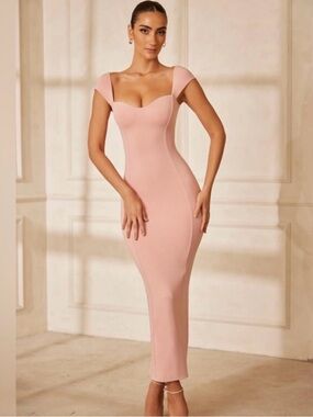 Oh Polly Dolcezza Modal Sweetheart-Neck Cap-Sleeve Maxi Dress in Pink NWT